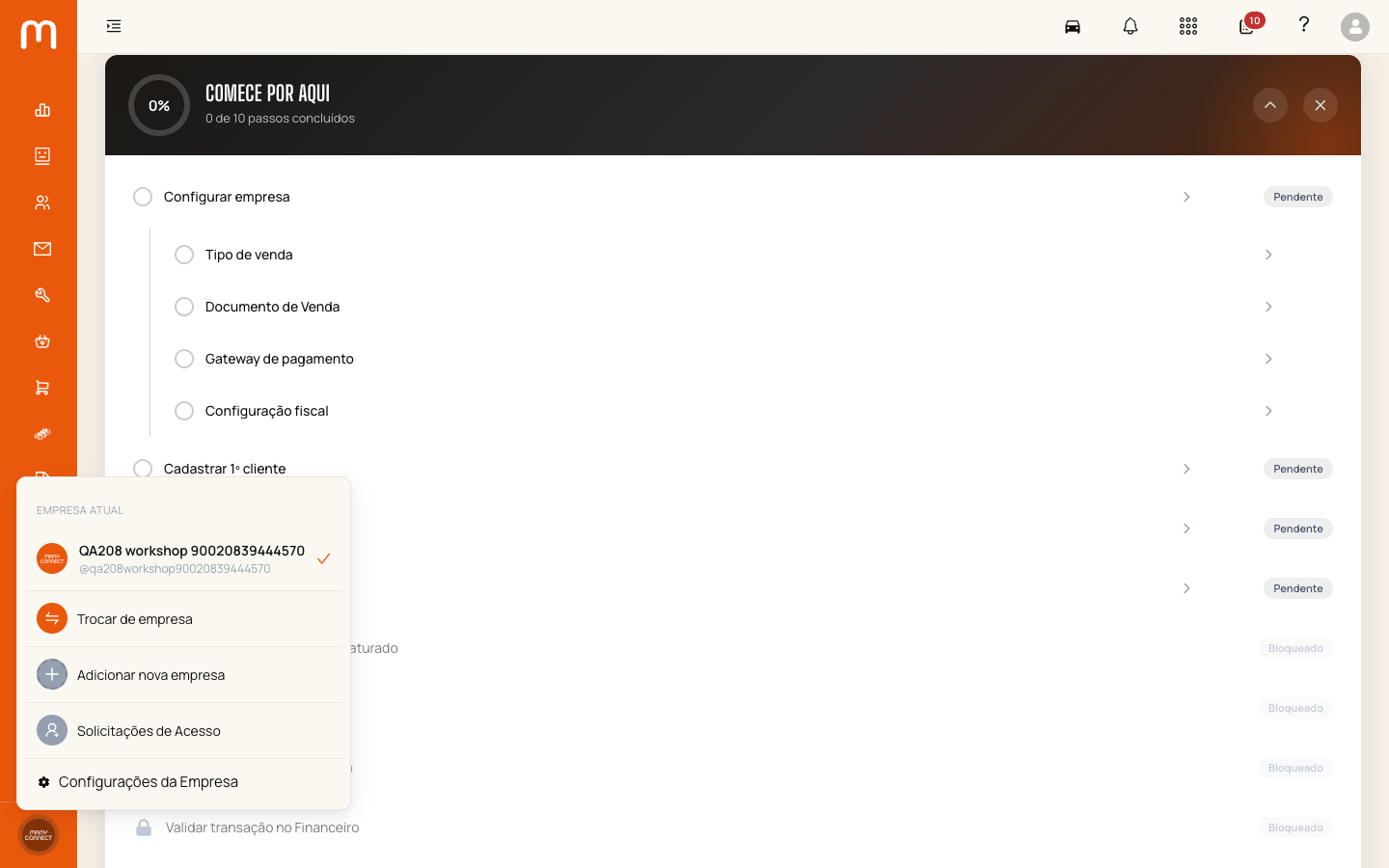 Menu da empresa atual com a opção Adicionar nova empresa