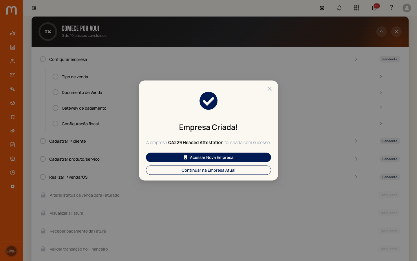 Confirmação Empresa Criada com a ação Acessar Nova Empresa