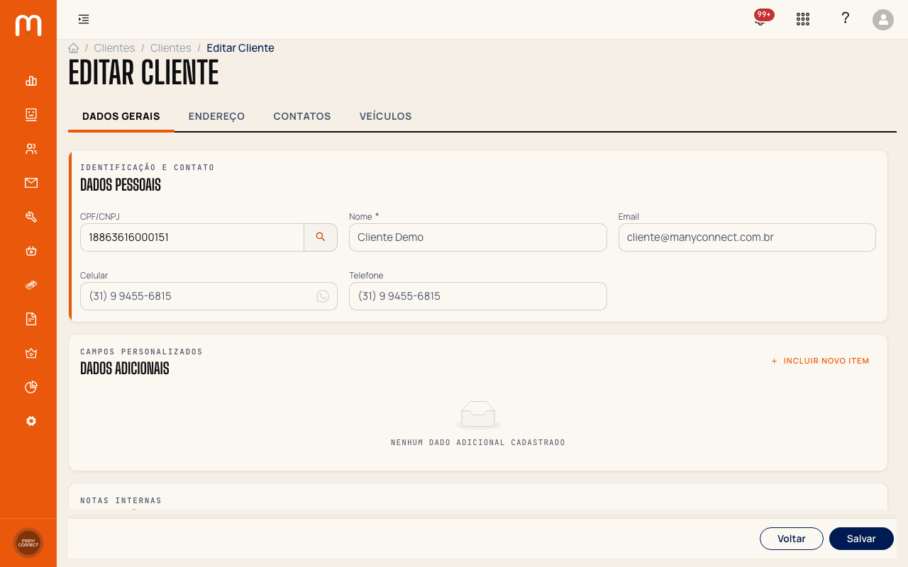 Tela Editar Cliente com as abas Dados Gerais, Endereço, Contatos e Veículos visíveis no topo