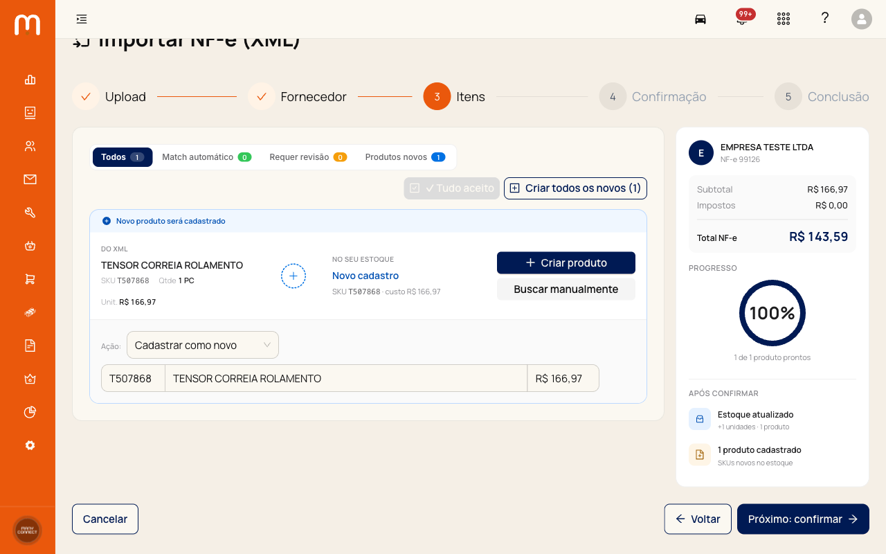 Editor expandido de um item com dropdown 'Atualizar produto existente' e lista de candidatos com % de confiança
