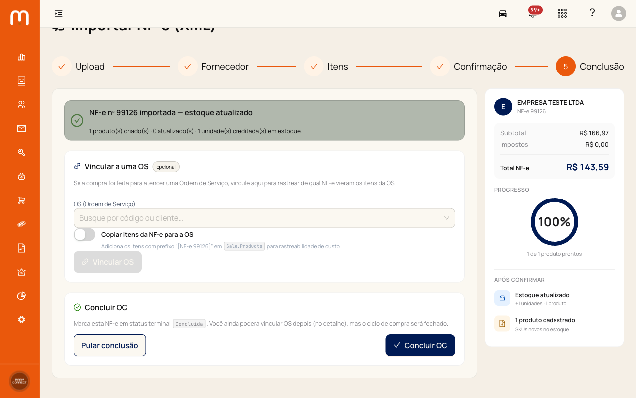 Bloco 'Vincular a uma OS' com seletor de OS preenchido, switch 'Copiar itens' ativo e botão 'Vincular OS' destacado