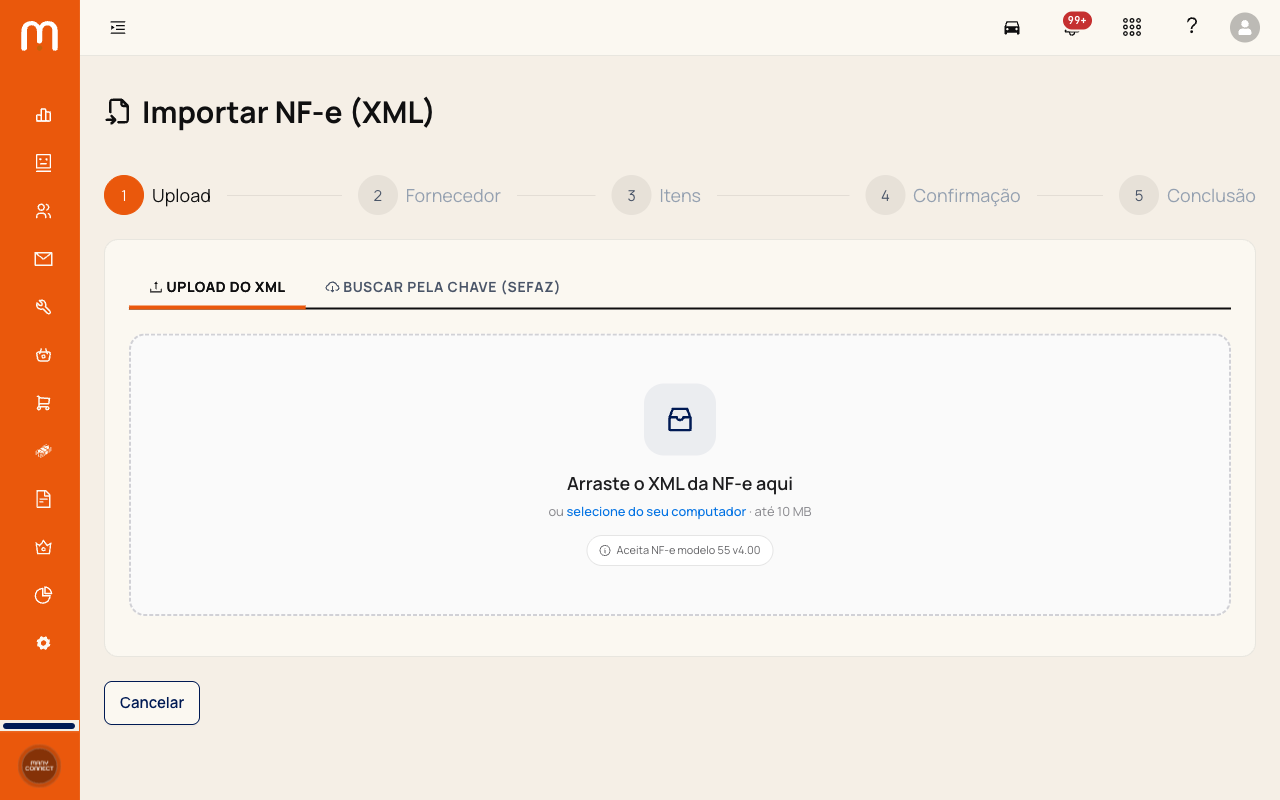 Tela de upload com área de drag-and-drop ao centro e abas Upload do XML e Buscar pela chave (SEFAZ)