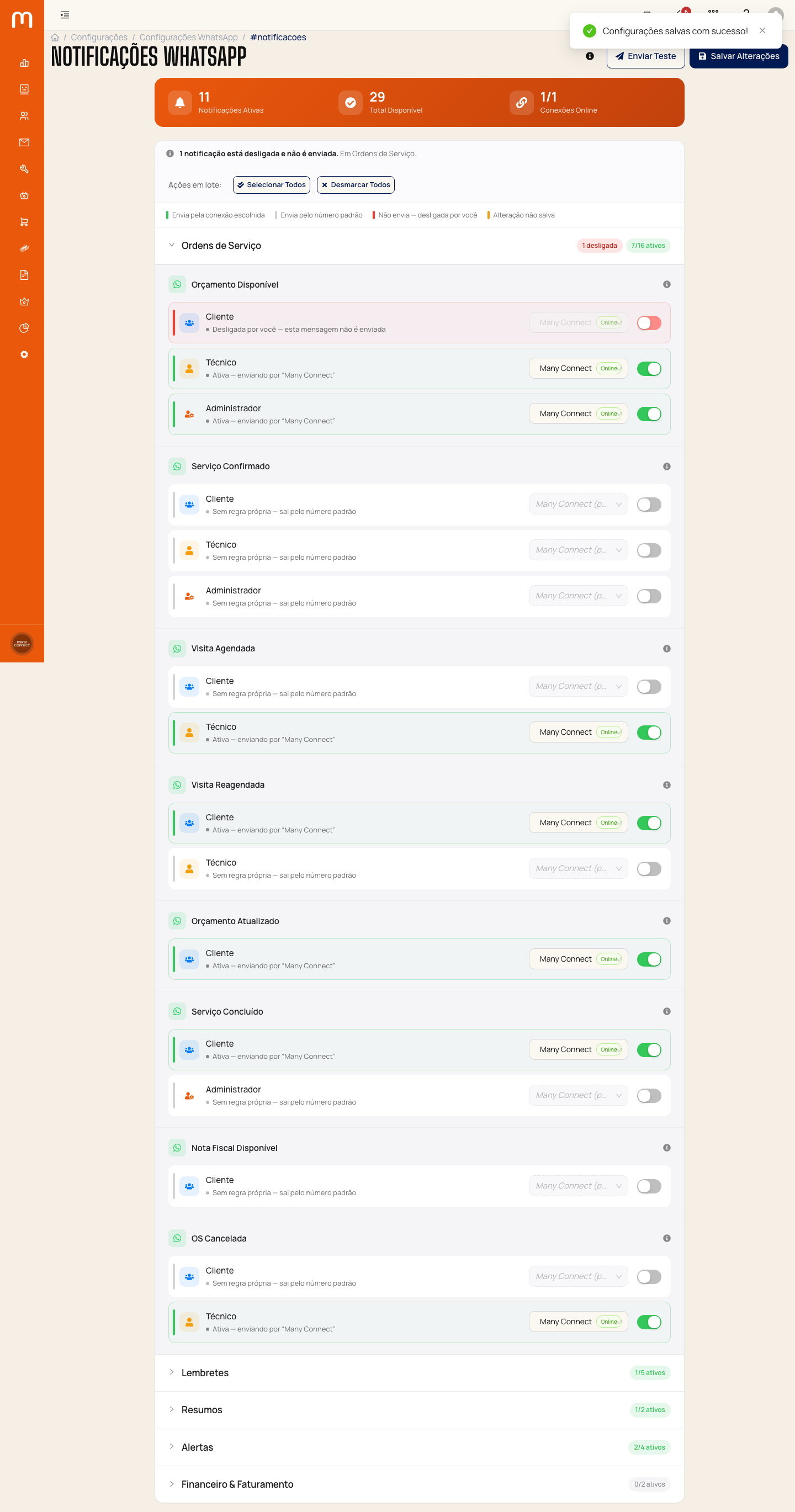 Aviso Configurações salvas com sucesso após salvar, com a linha reativada mostrando Ativa — enviando por Many Connect