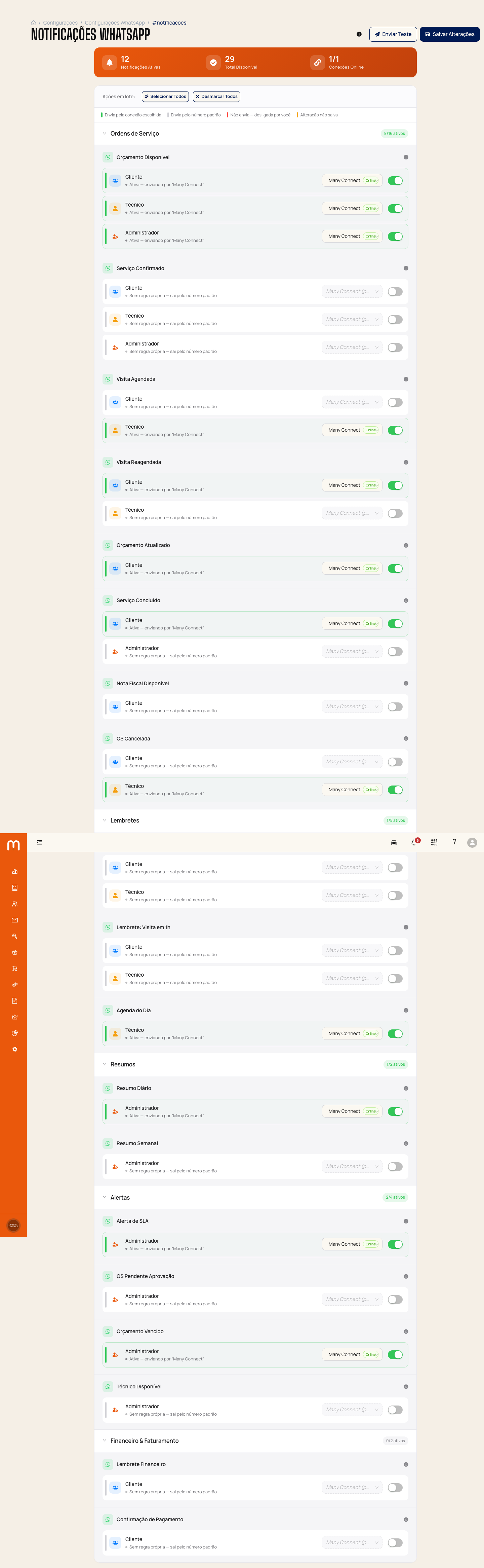 Tela recarregada mostrando a linha reativada permanecendo Ativa — enviando por Many Connect após o F5