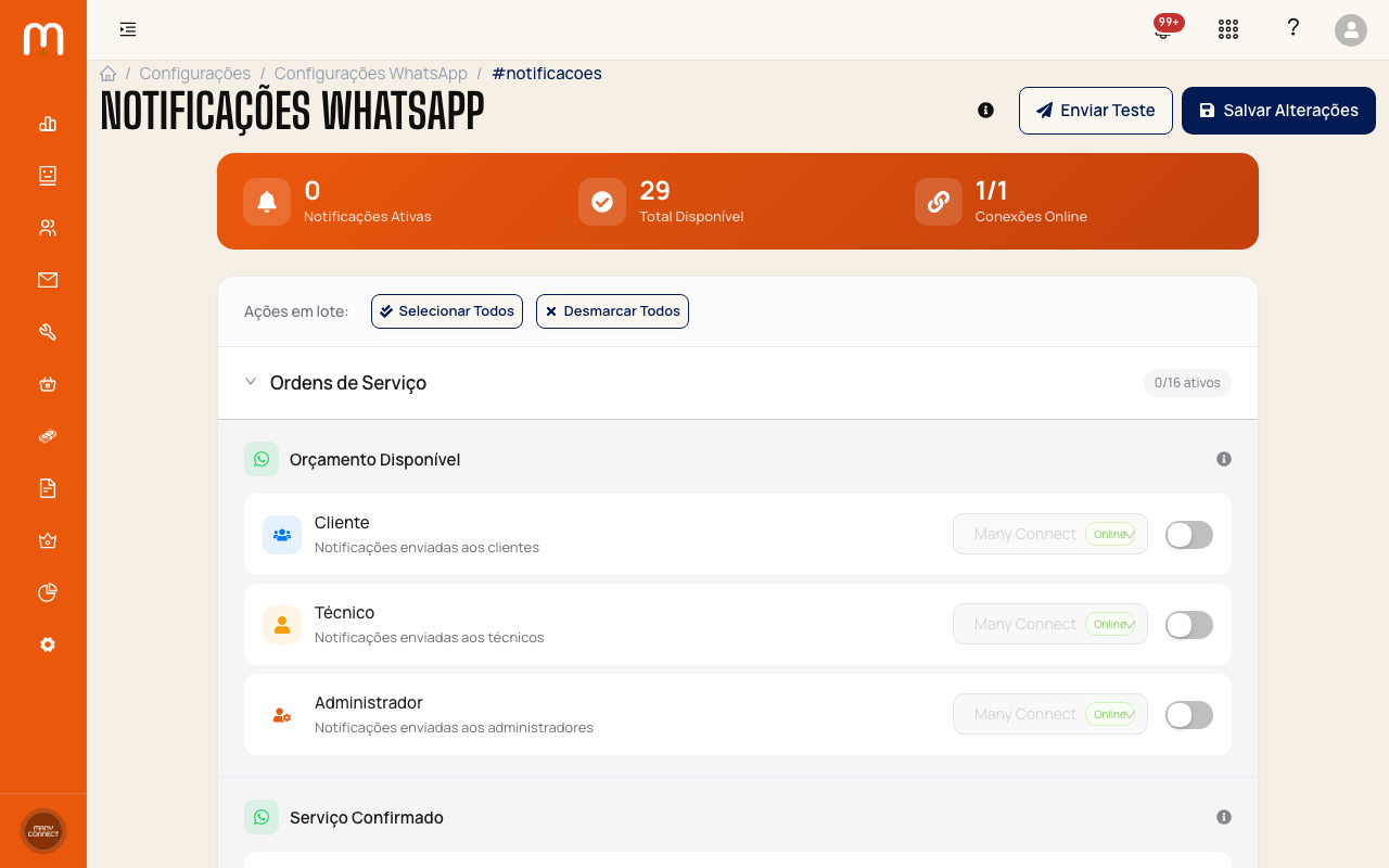Tela de Notificações WhatsApp após o salvamento, com botão Enviar Teste visível ao lado de Salvar Alterações