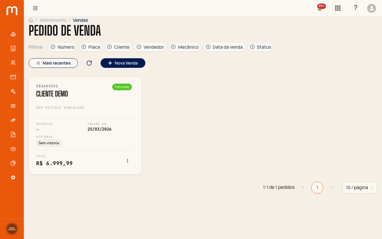 Listagem de pedidos de venda com filtros por número, placa, cliente, vendedor e status