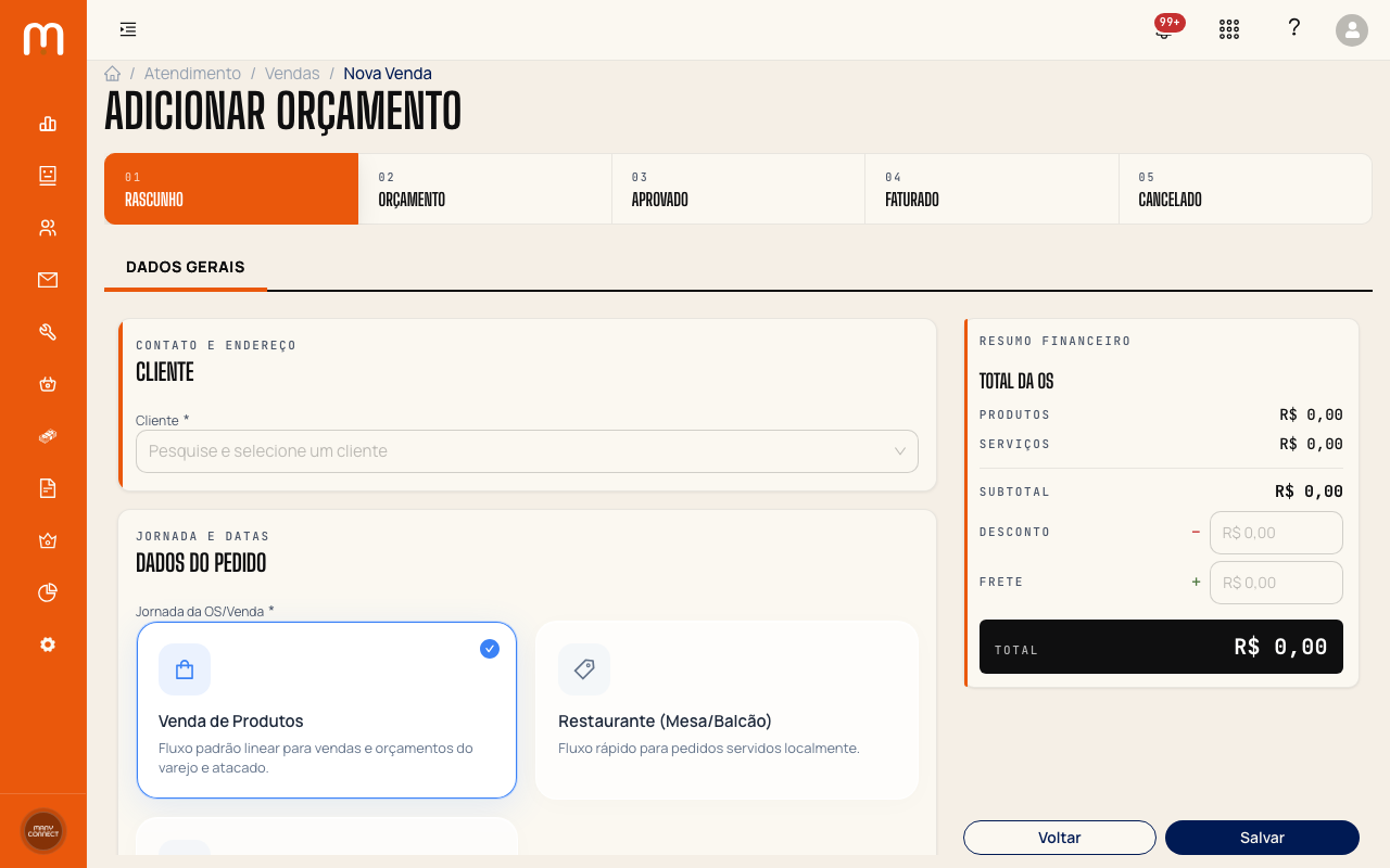 Formulário Adicionar Orçamento exibindo os cinco estágios do pedido na barra de progresso superior