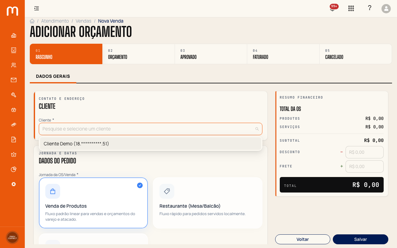 Seleção de jornada com opção Venda de Produtos marcada e descrição do fluxo padrão linear