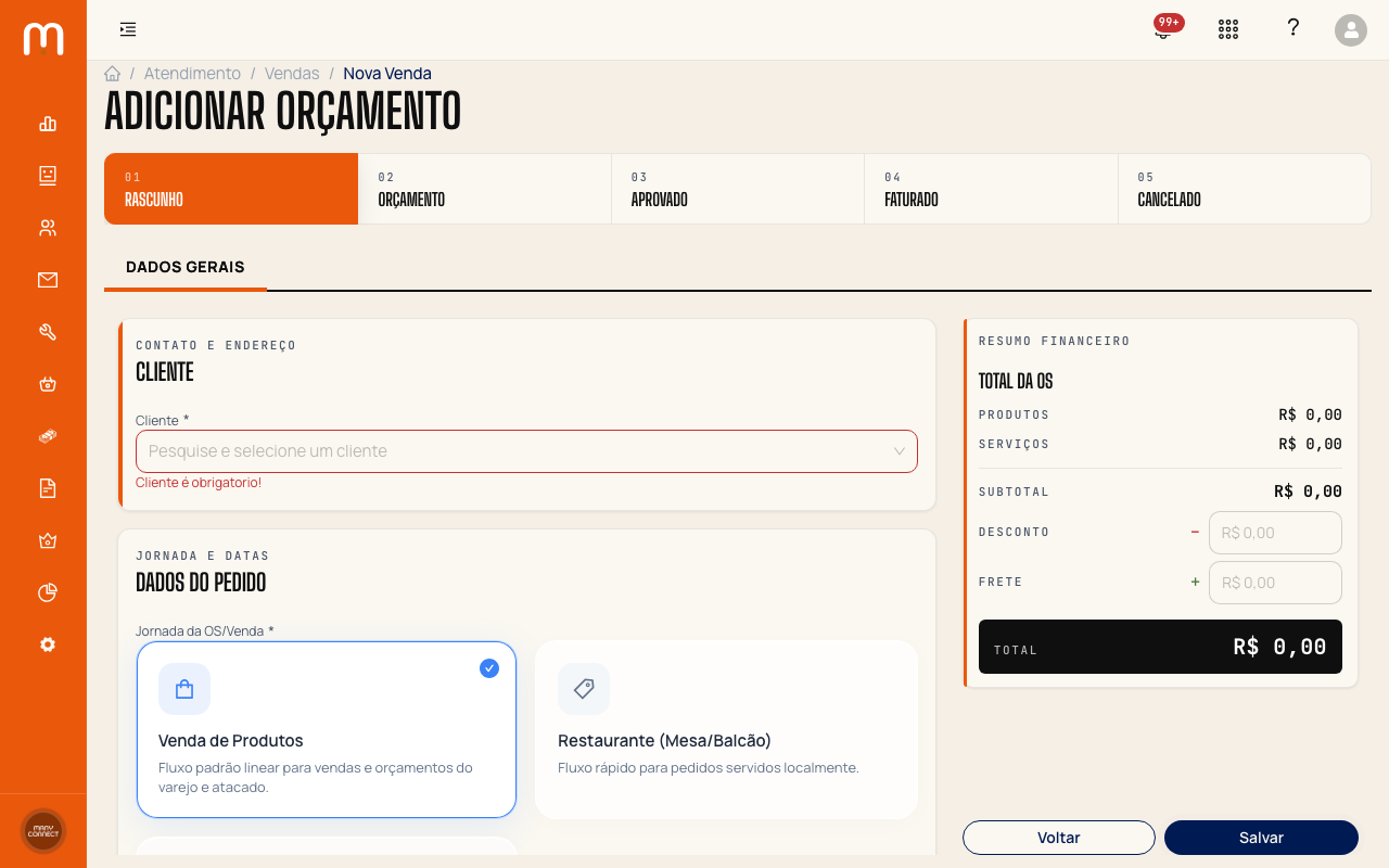 Seção Dados do Pedido com campos para adicionar produtos e serviços ao orçamento