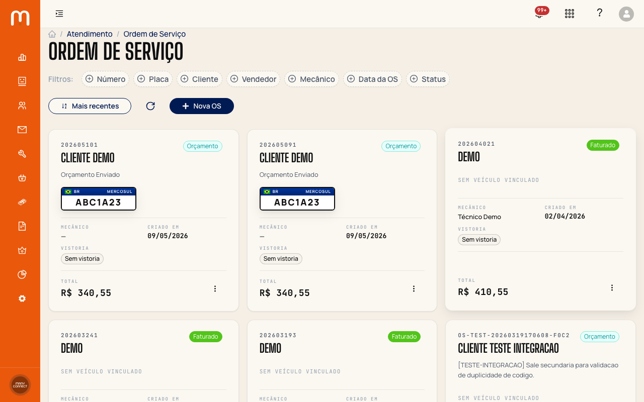 Listagem de Ordens de Serviço com colunas de número, cliente, placa, status e total