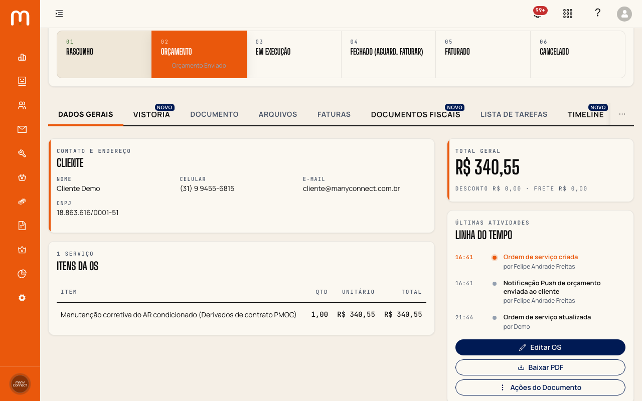 Fluxo da OS com seis etapas numeradas, destacando Em Execução como status atual