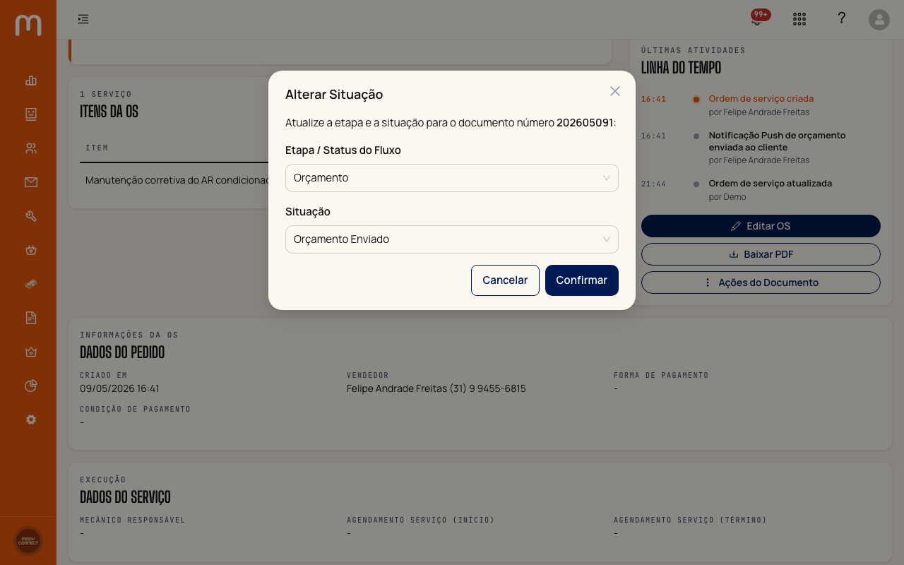 Opção Alterar Situação destacada no menu de ações da OS