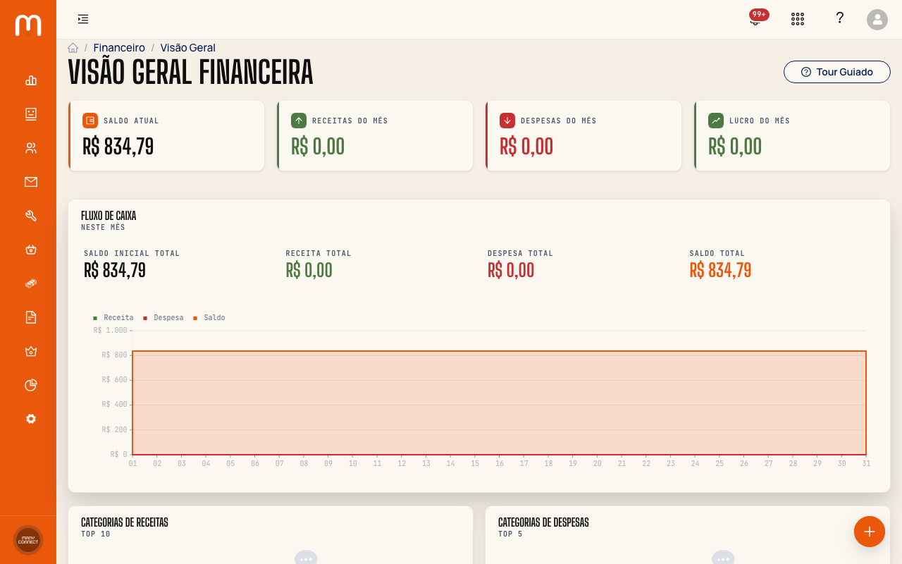 Menu lateral com o item Financeiro destacado e a tela Visão Geral Financeira ao fundo